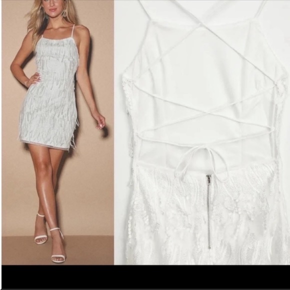 White Fringe Lace-Up Backless Mini Cocktail Dress from LuLus - Picture 3 of 8
